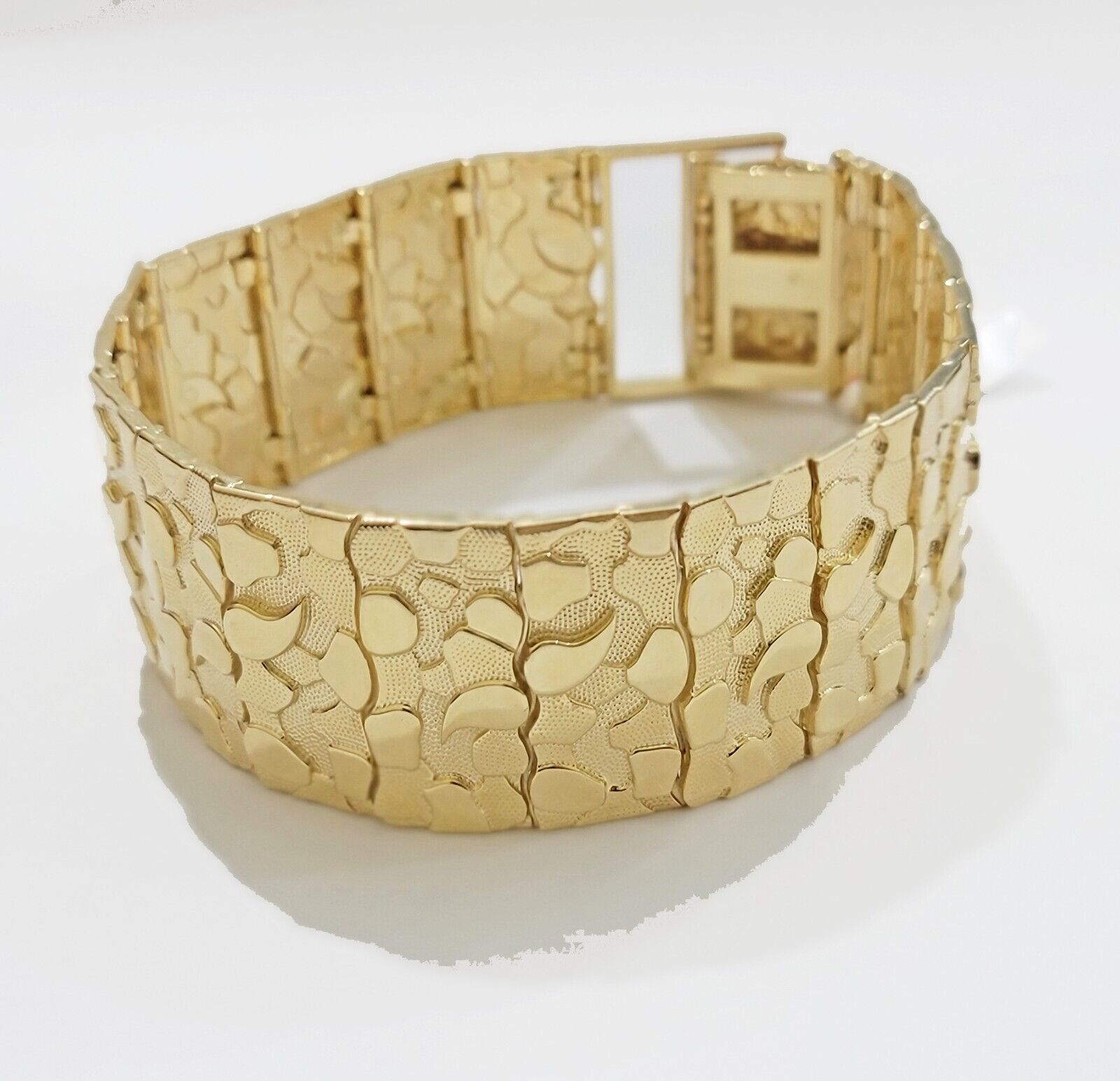 Real 14k Gold Nugget Bracelet Mens 10 Inch Long 30mm Thick Genuine 14 KT Solid - GoldenlinQ